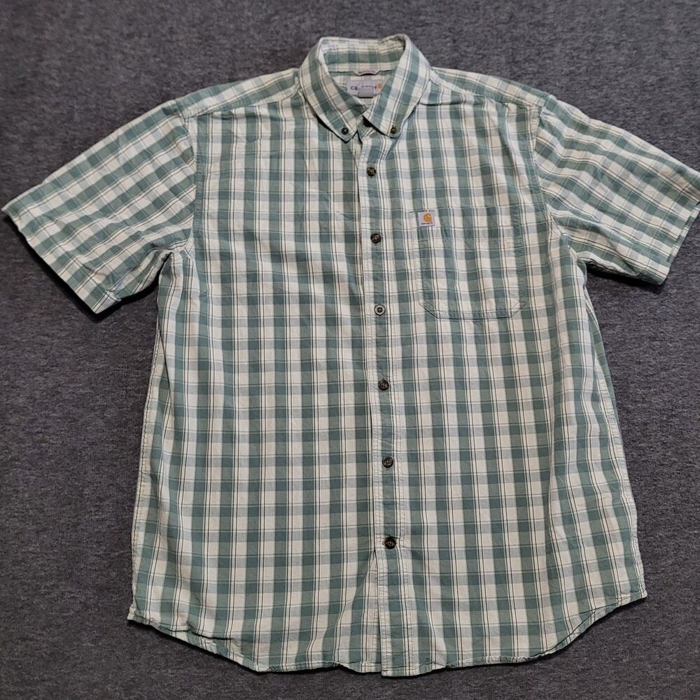 Carhartt Large Relaxed Fit button front polo shirt short sleeve green cotton